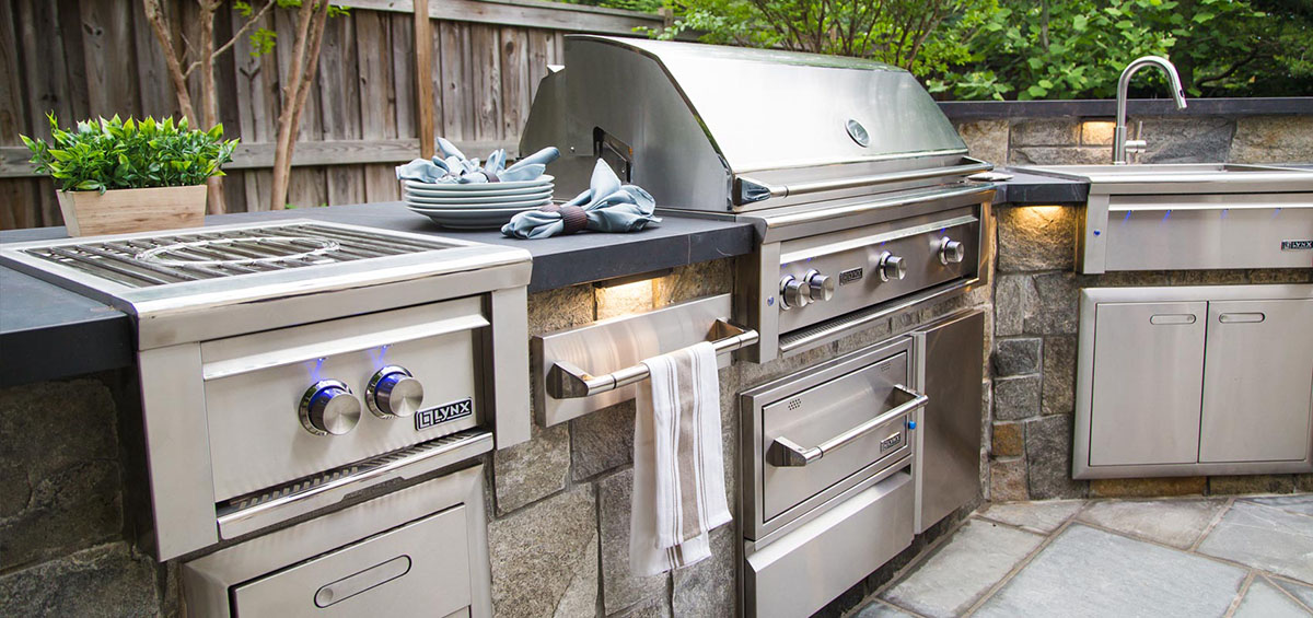 lynx built in grill outdoor kitchen island on patio