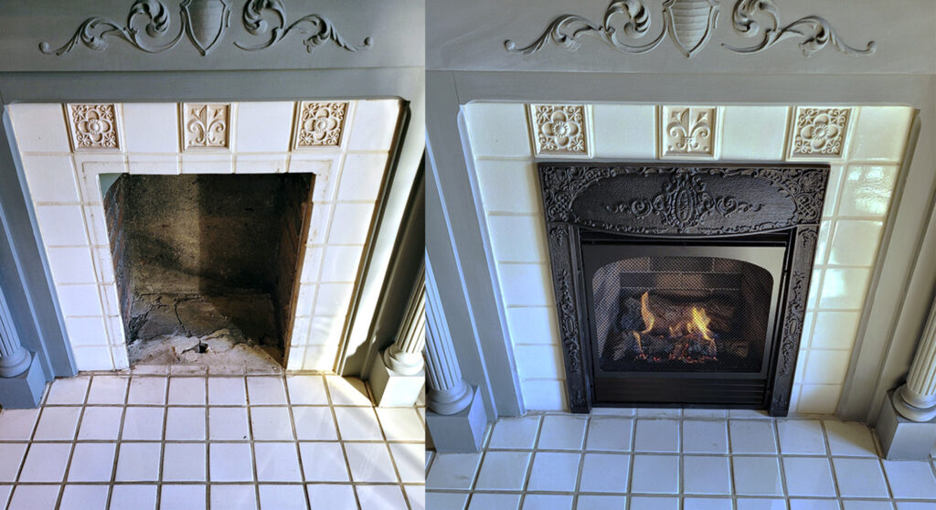 before after installation of antique plate gas fireplace