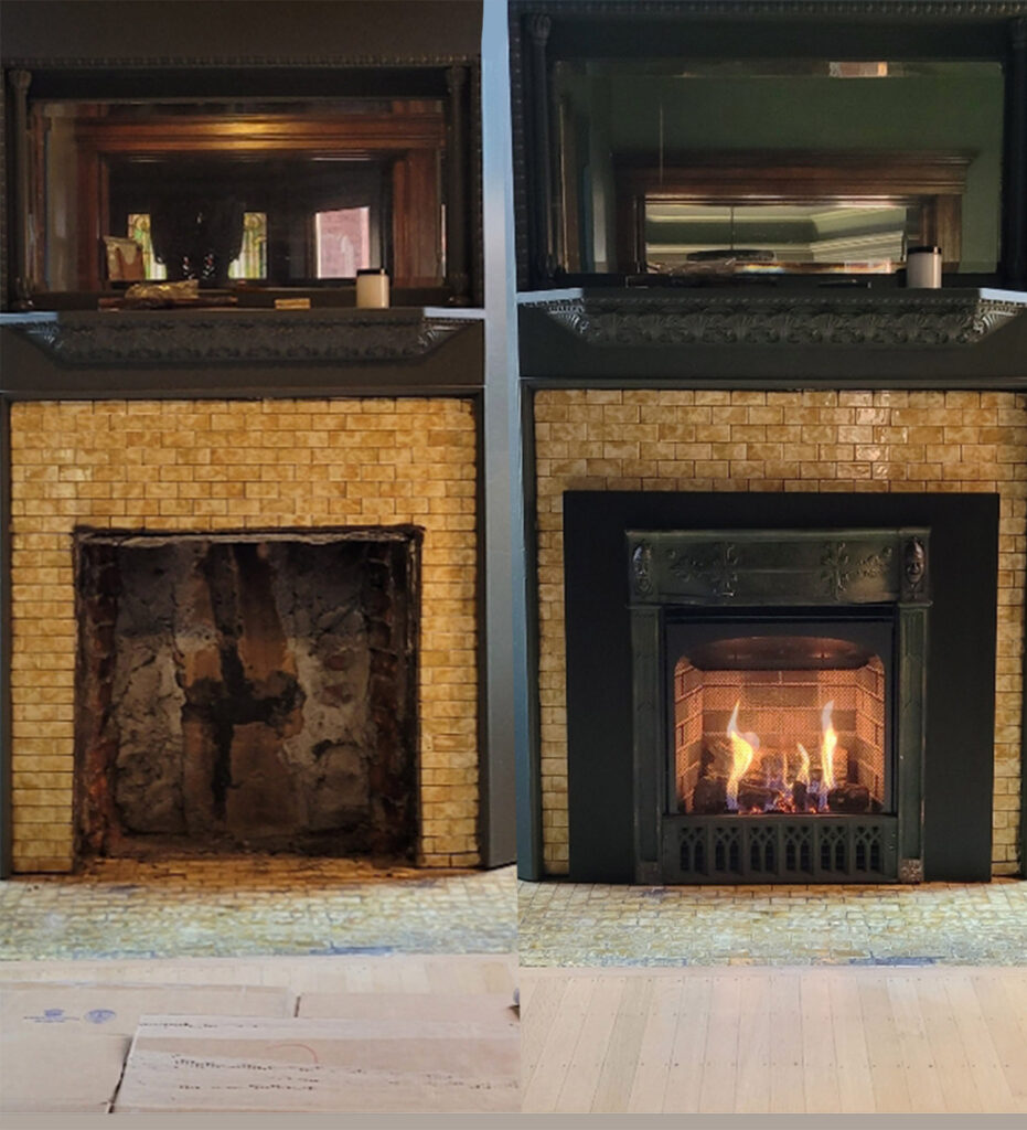 installation gas fireplace antique surround 