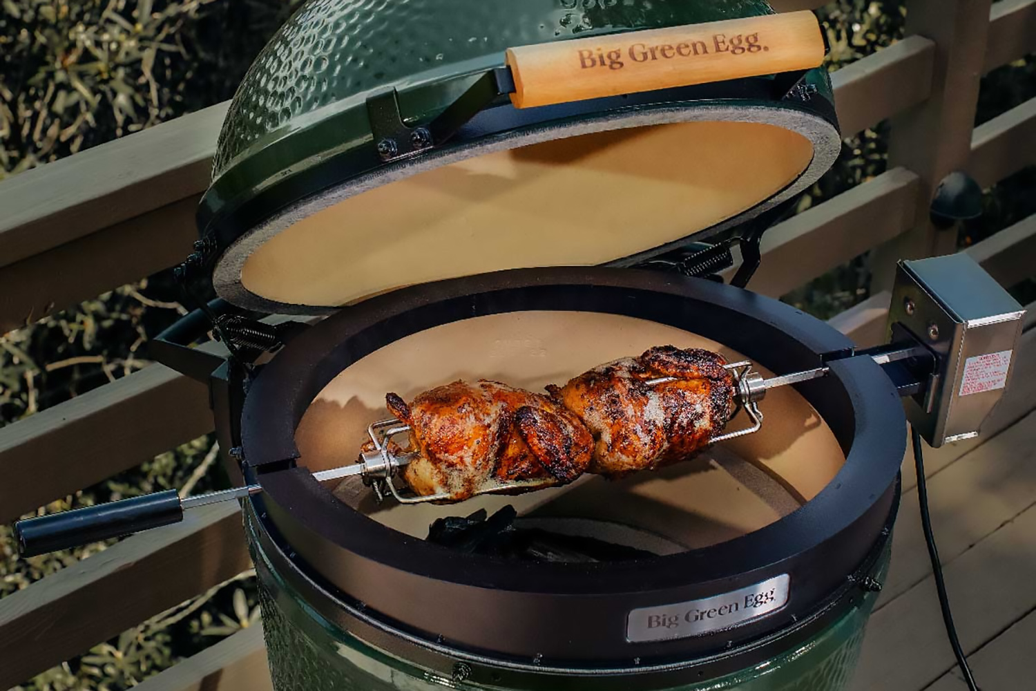 Big Green Egg Rotisserie with JUICY SMOKED Chicken