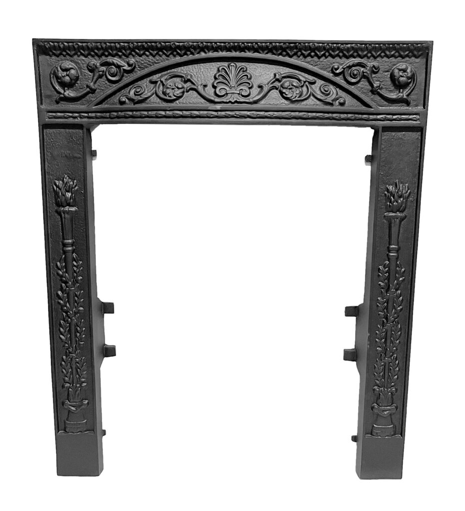 smoked pork belly antique original faceplate cover for small fireplace torches and scrolls black surround