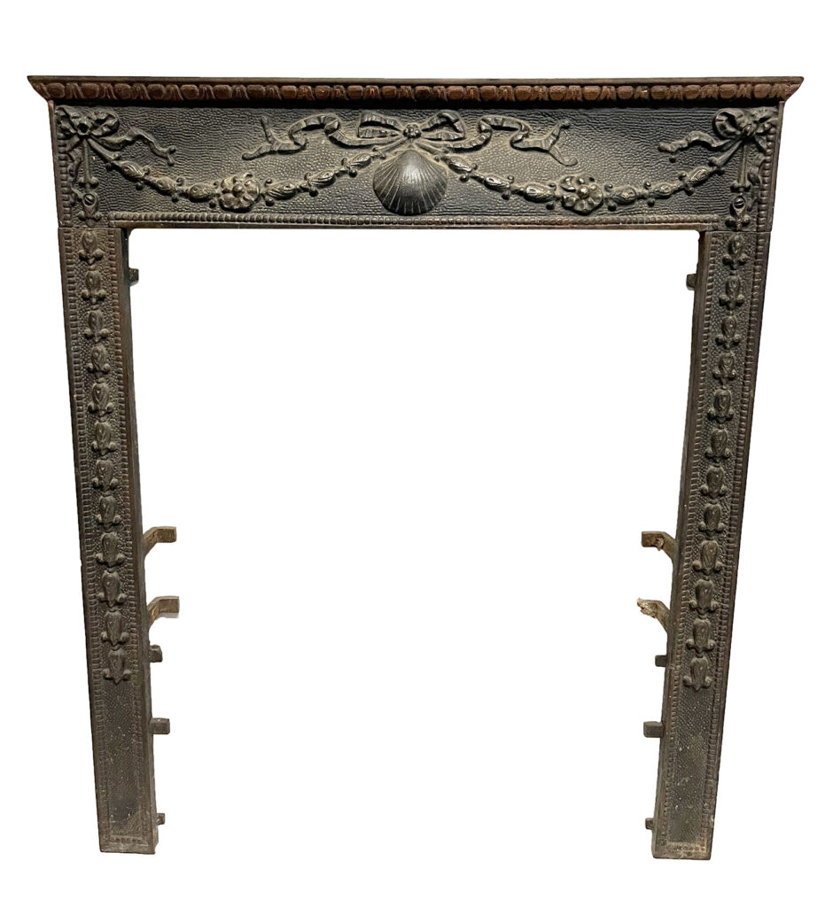 antique original faceplate cover for small fireplace scrolls with sea shell and original patina surround