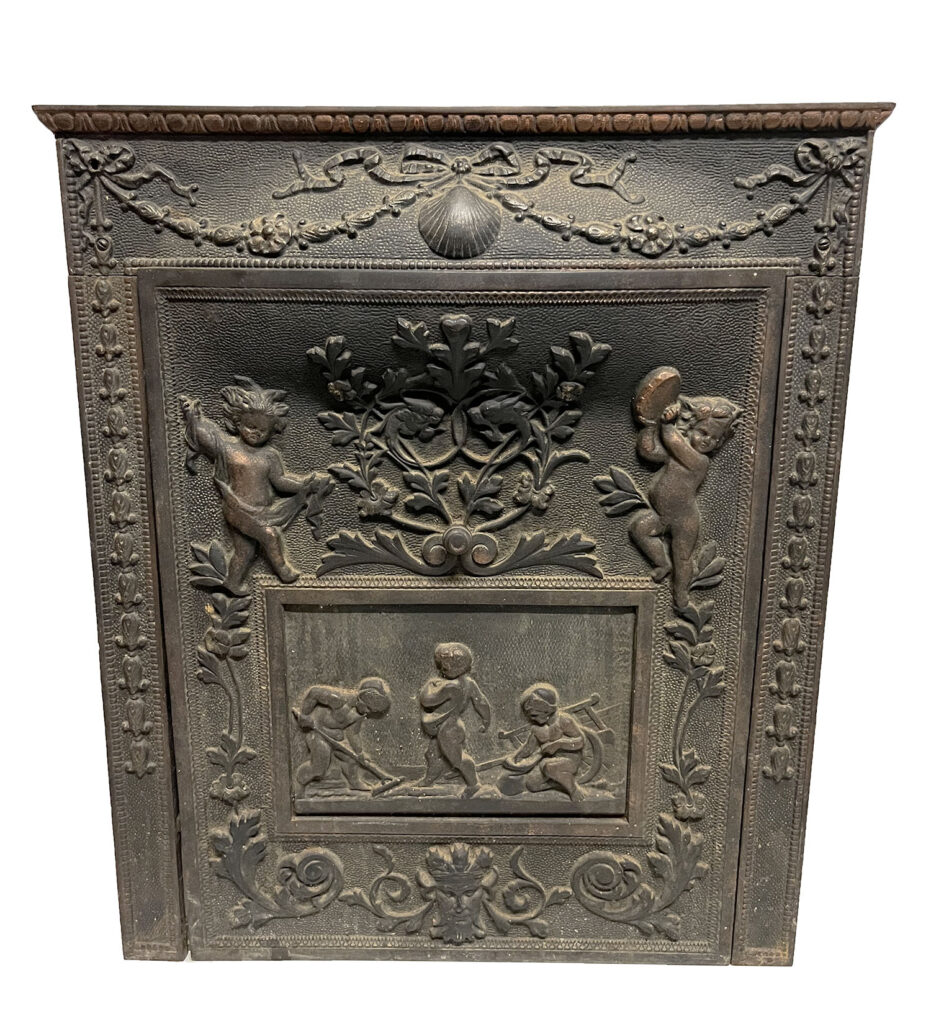 antique original faceplate cover for small fireplace with summer cover, babies dancing with sea shell original patina surround