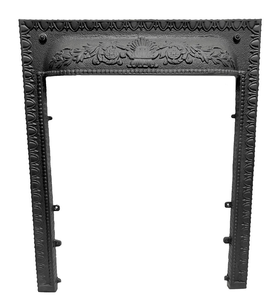 antique original faceplate cover for small fireplace black with ornate design