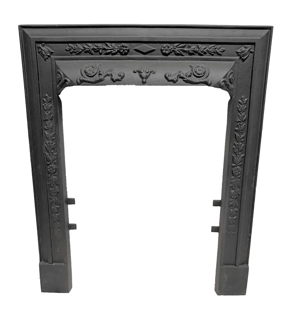 antique original faceplate cover for small fireplace black with scrolls and flowers plants