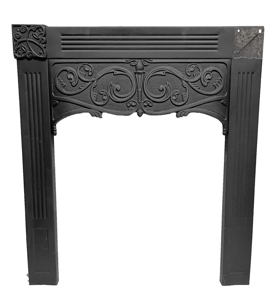 antique original faceplate cover for small fireplace simple with torch and scroll black tin