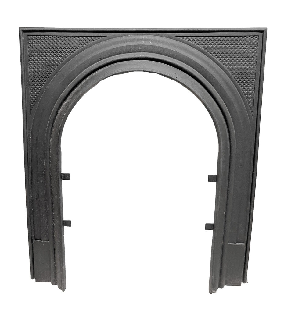 antique original faceplate cover for small fireplace cast iron black simple arch curved design 