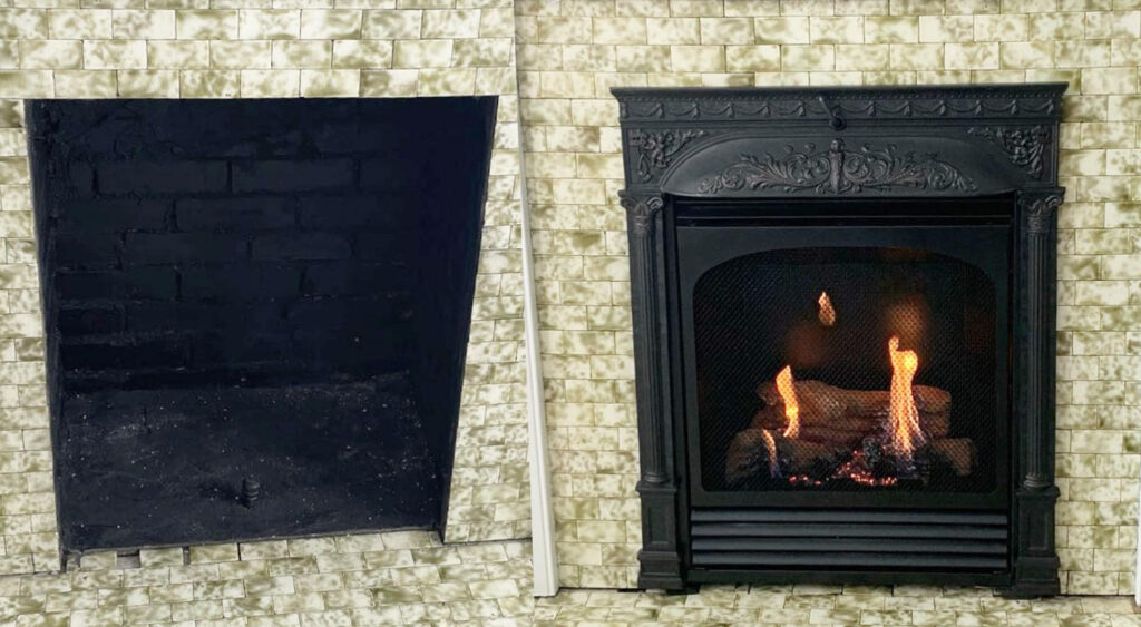 restored gas fireplace antique surround before and after beautiful ornate faceplate