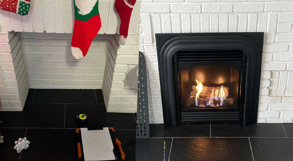 restored gas fireplace antique surround before and after with white brick