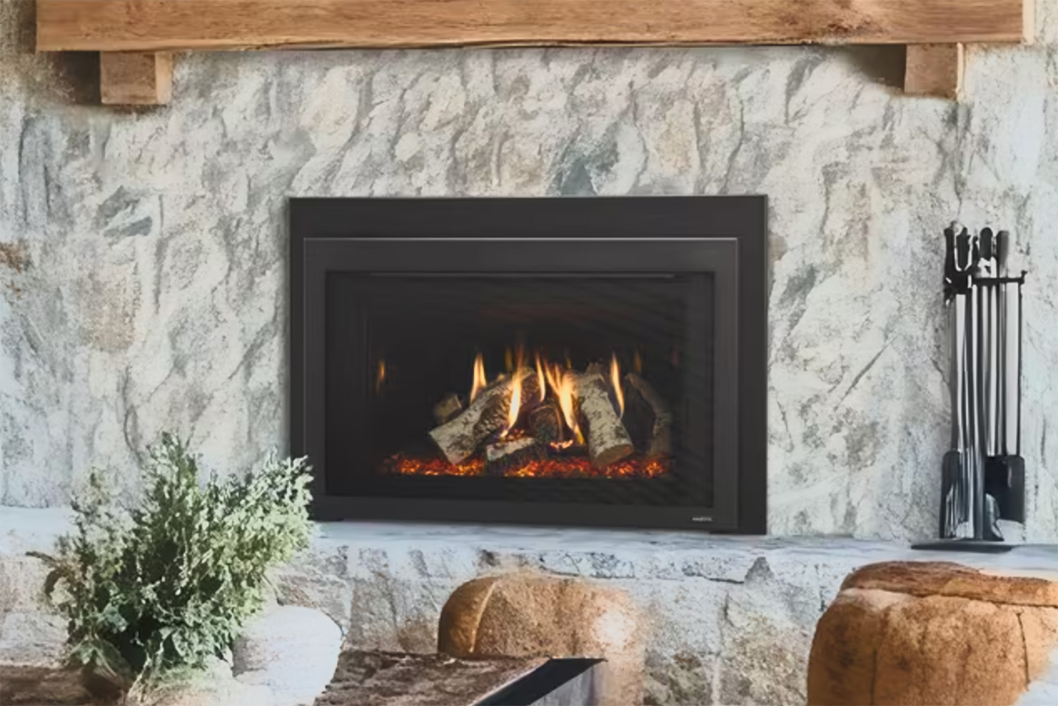 ruby platinum direct vent insert into wood burning fireplace with birch logs