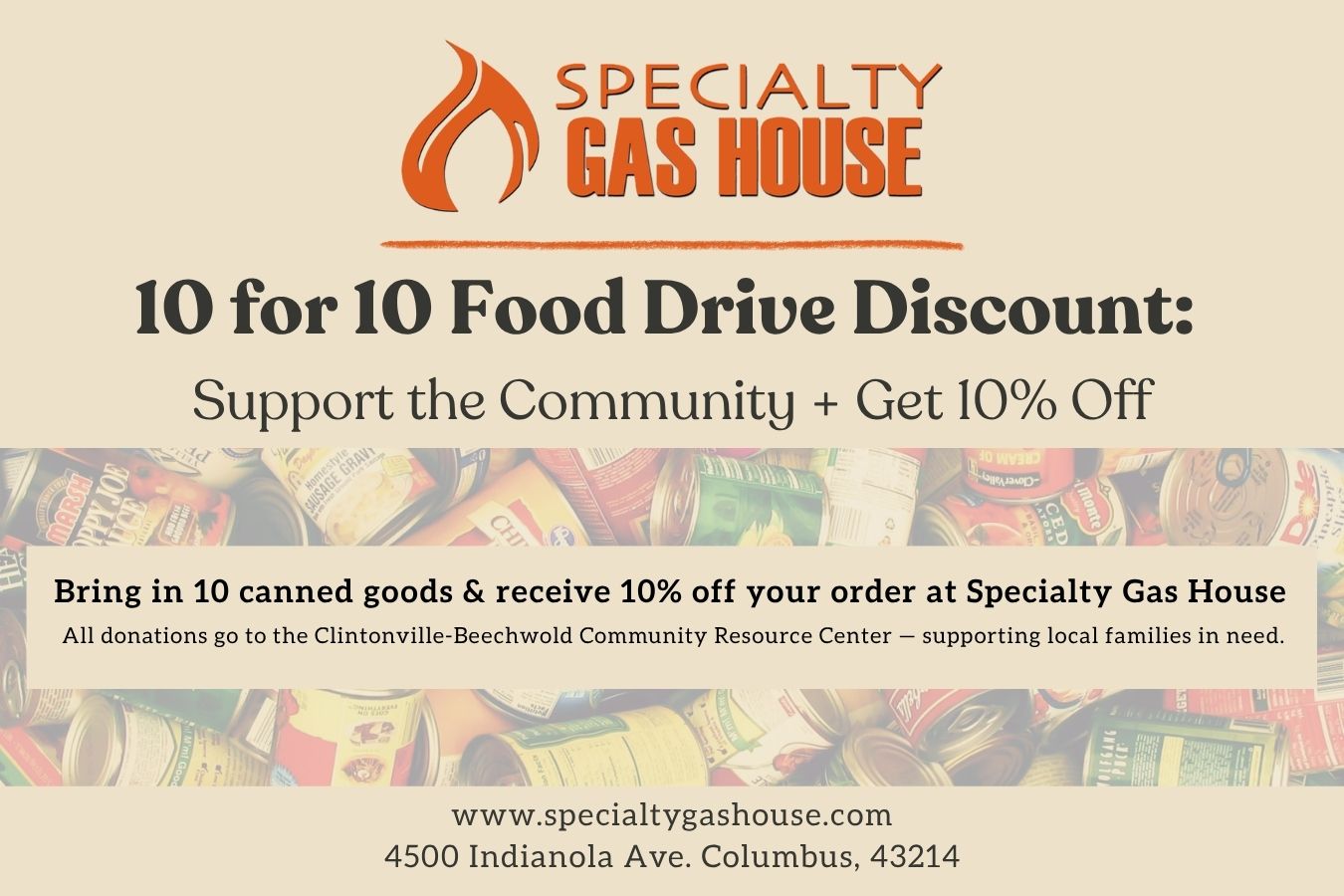 canned good food drive discount and sale at specialty gas house in columbus ohio