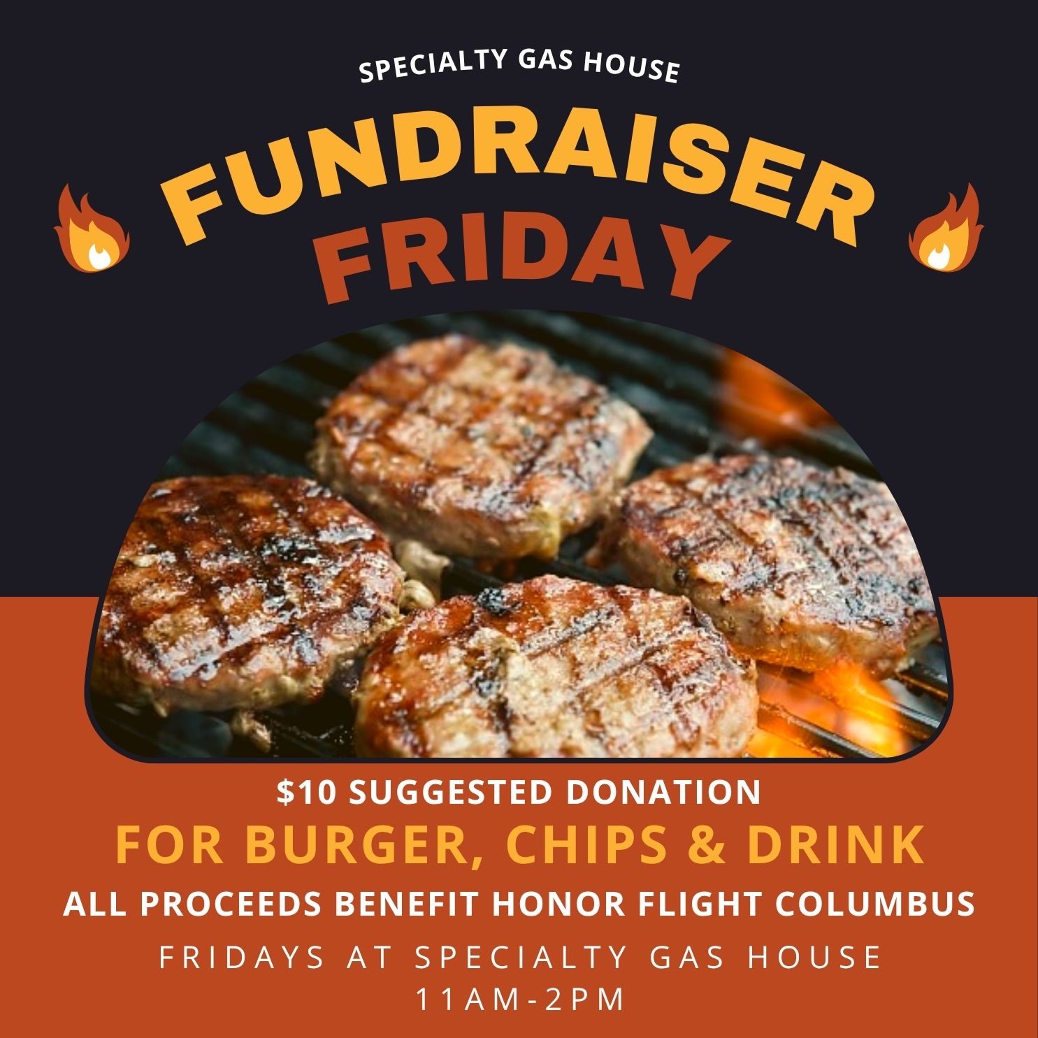 specialty gas house $5 donation fundraiser burger lunch every friday